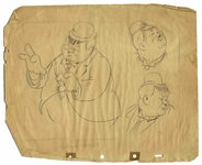 Disney Animator Thurston Harper Lot of Three Pages of Sketches -- Includes Mickey Mouse, Emil Eagle, Chipmunks From ''Snow White'', & Oliver Hardy
